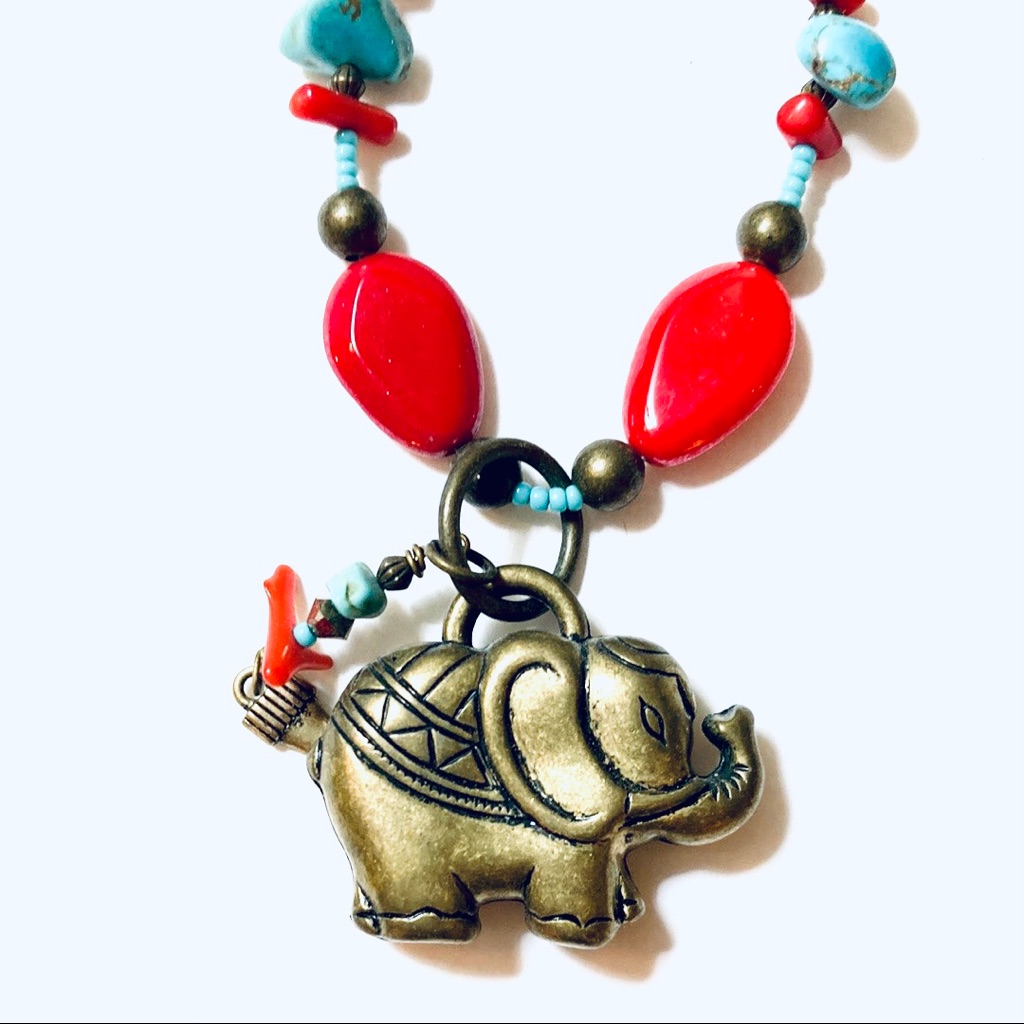 Handmade Red And Aqua Elephant Statement Necklace